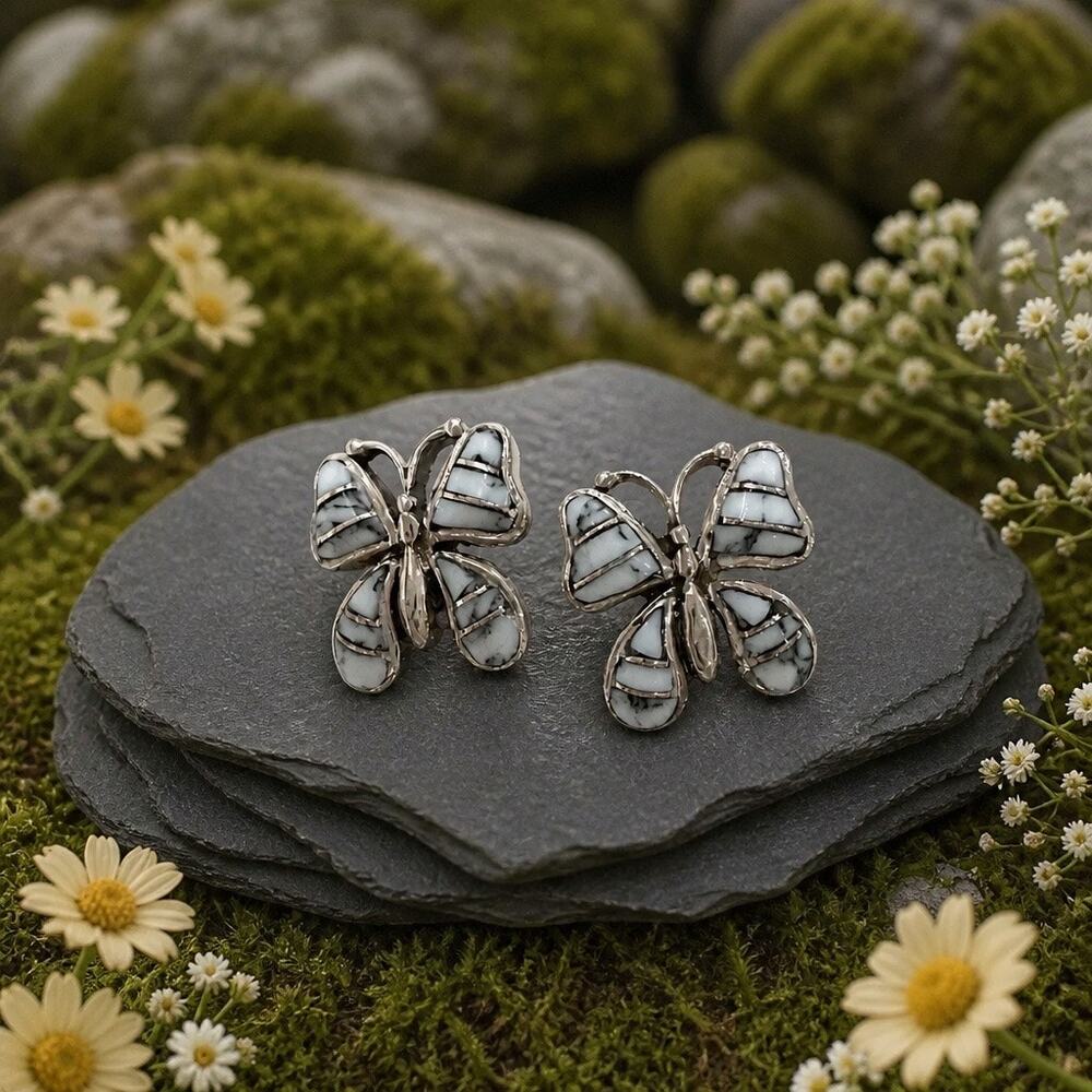 White Buffalo Inlay Butterfly Earrings Sterling Zuni Style